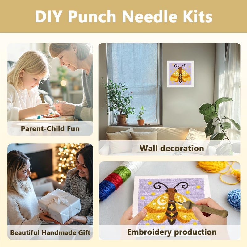DOODLREAM Moth DIY Punch Needle Embroidery Kit for Adult Beginner, 9.4" Insect Animal Punch Stitching Craft Set for Starter with Frame, Fabric Pattern, Threader, Yarn, Pinch Needle - Image 4